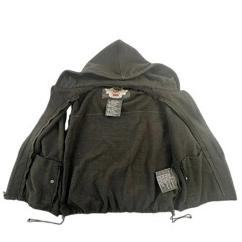 Harley‎ Davidson Mens XL Leather Hooded Vest Black Full Zip Biker RN103819